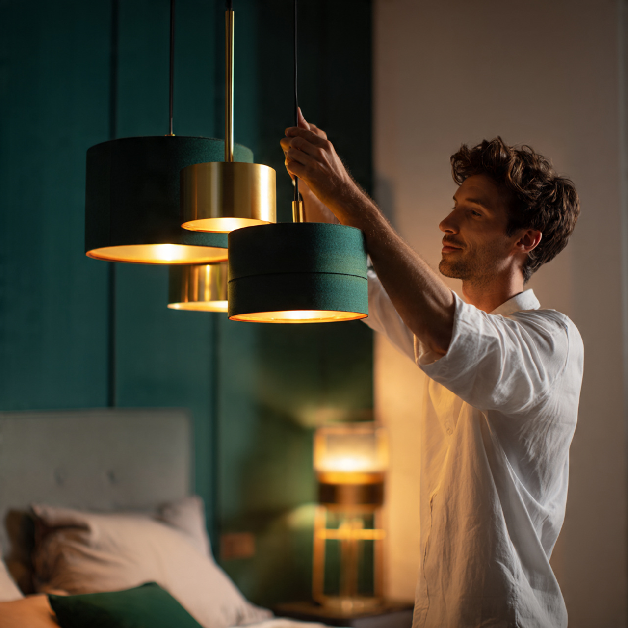 modern bedroom with emerald green accents featuring