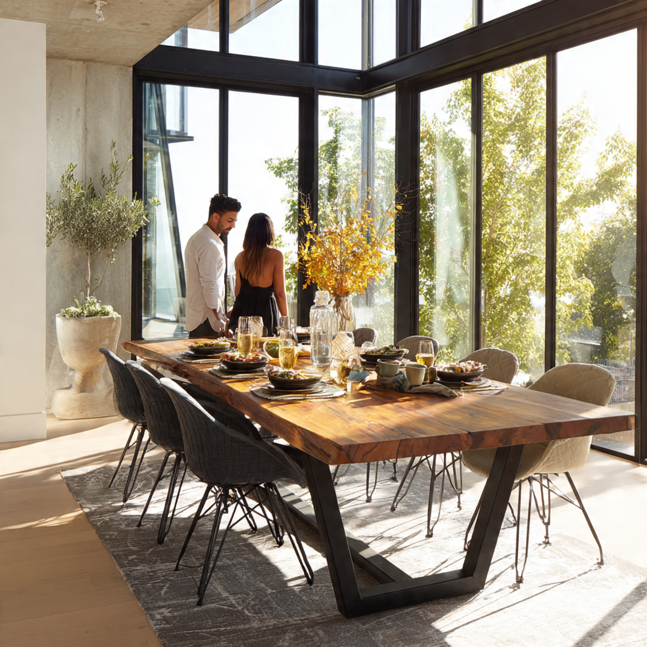 modern dining room with a wooden tabletop