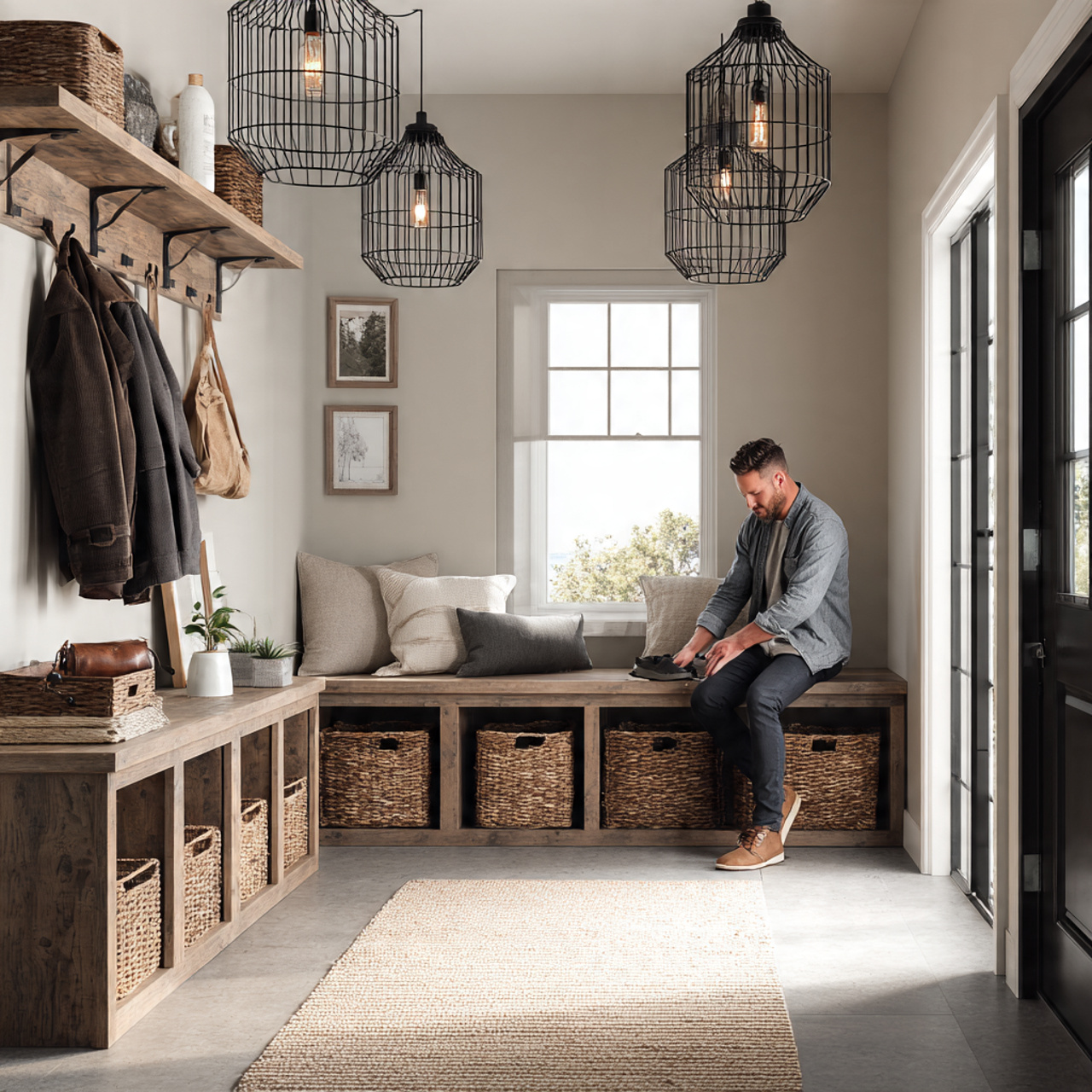 modern industrial mudroom with large caged metal