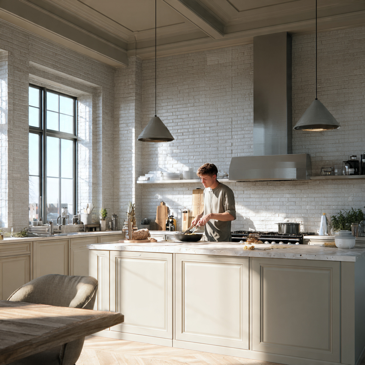 modern industrial style kitchen with painted brick effect
