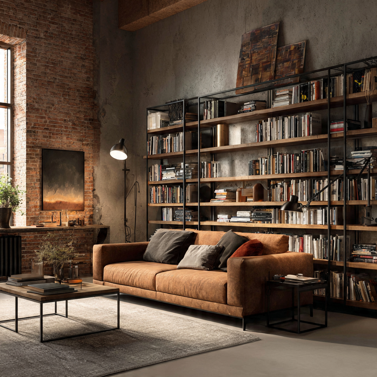 modern industrial style living room with a brown 1