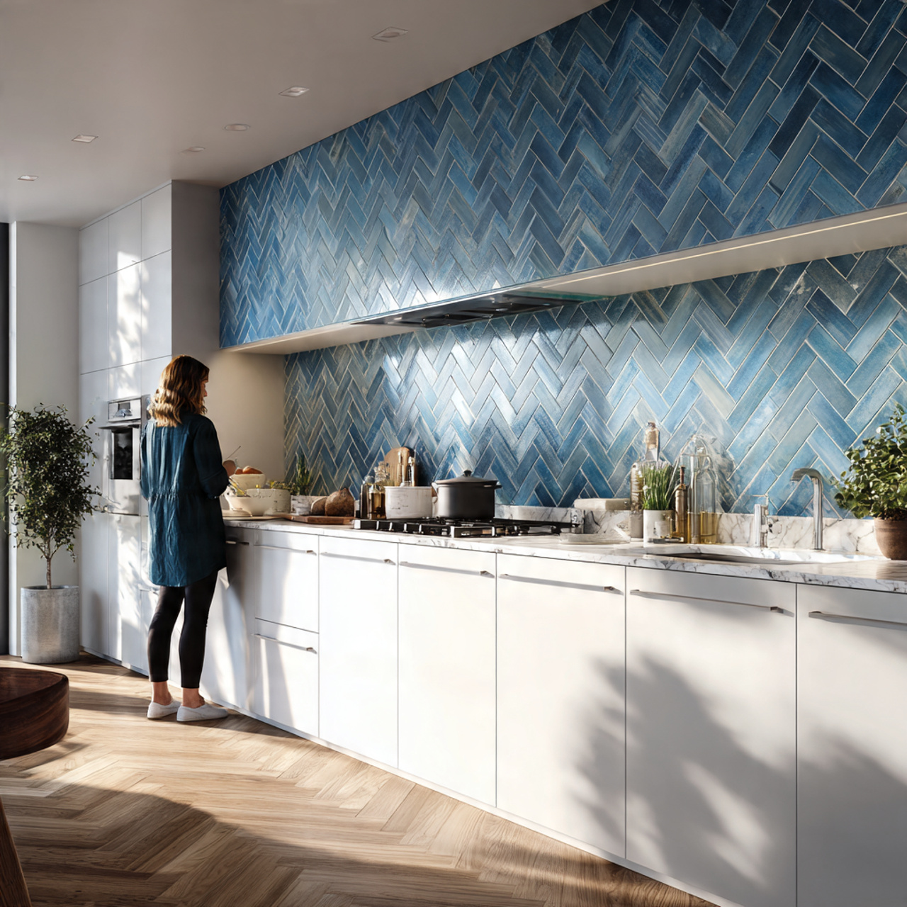 modern kitchen featuring a herringbone blue tile 1