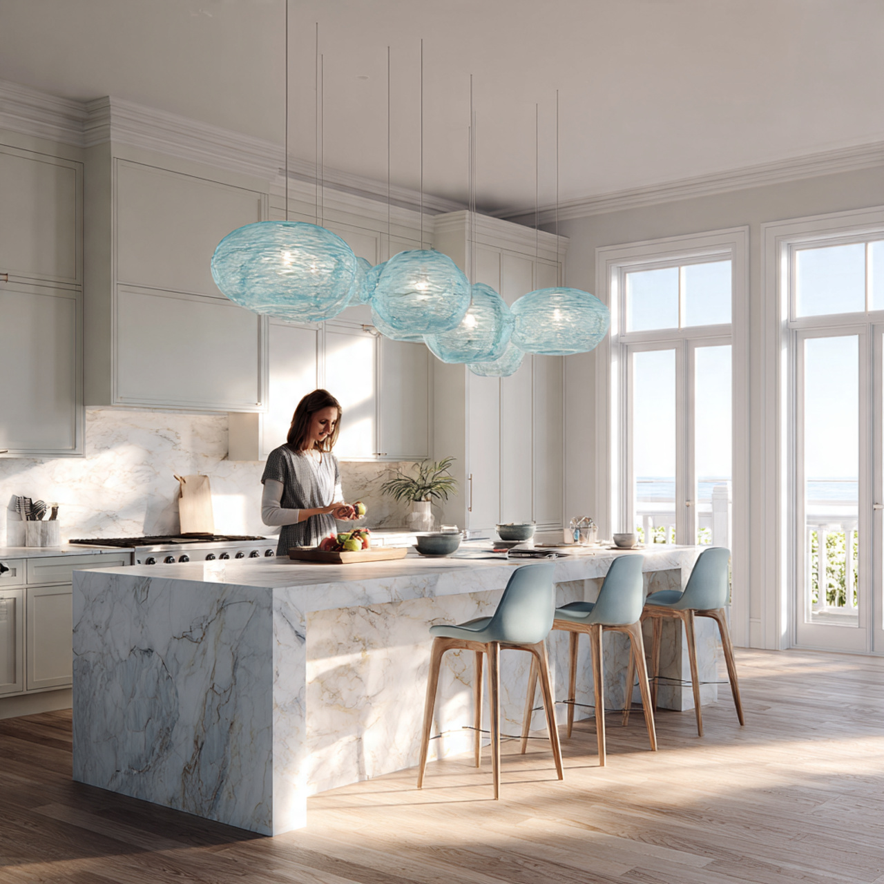 modern kitchen featuring aegean blue pendant lighting