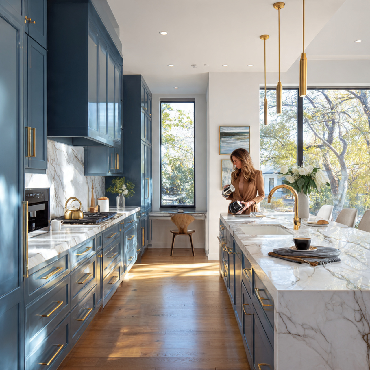 modern kitchen featuring cool blue cabinets paired 1