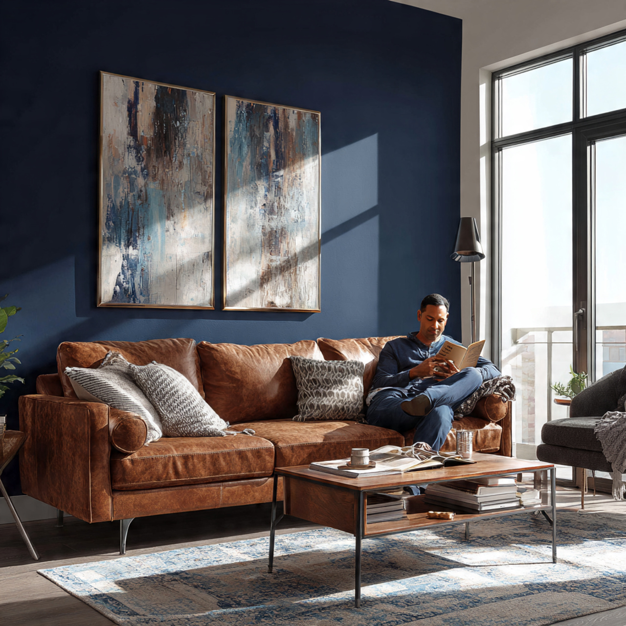 modern living room featuring a brown couch