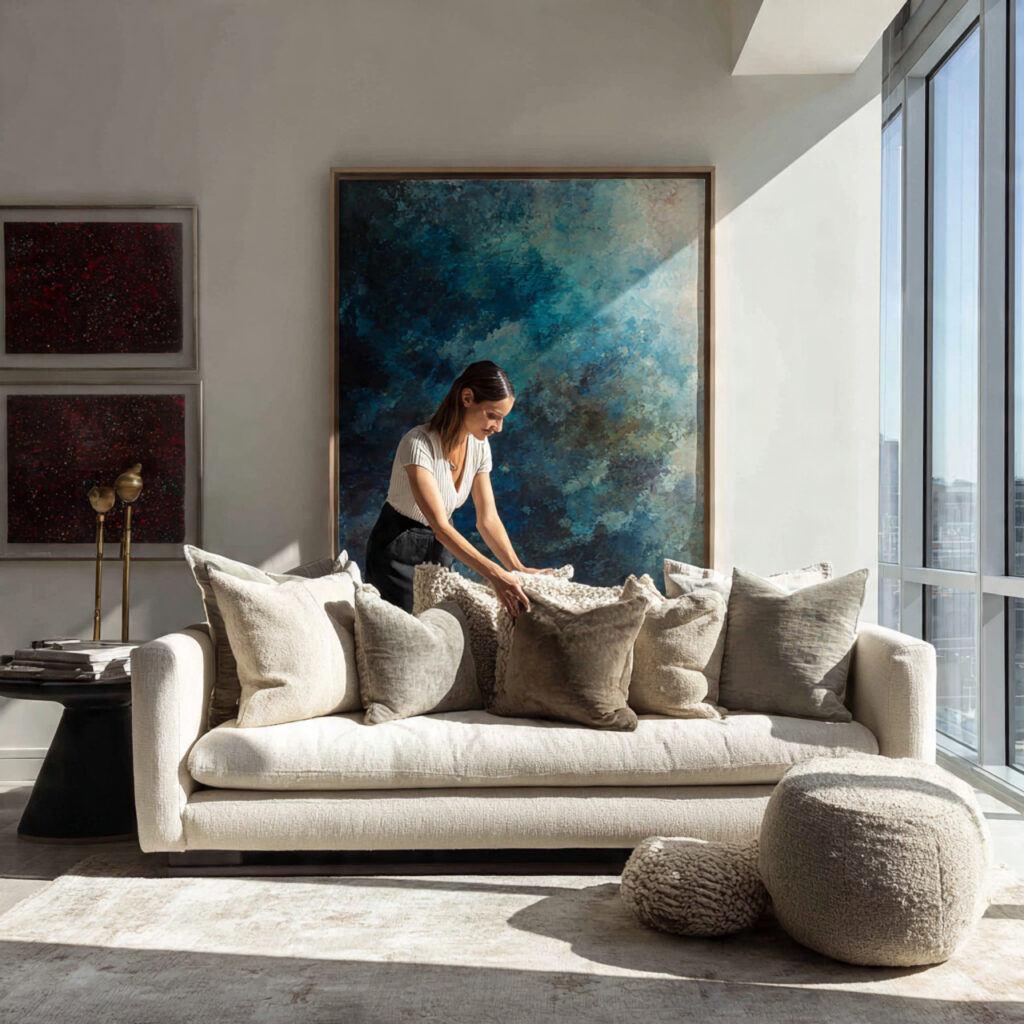 modern living room featuring a neutral sofa