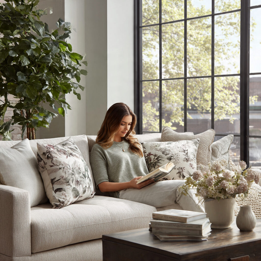 modern living room featuring a sofa adorned