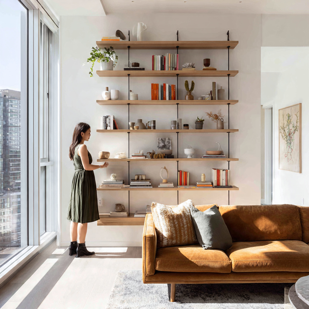 modern living room with a brown couch 1