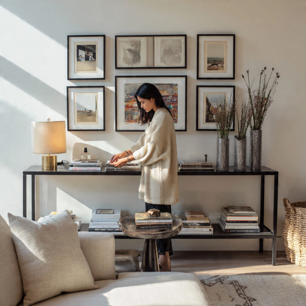 modern living room with a neutral sofa