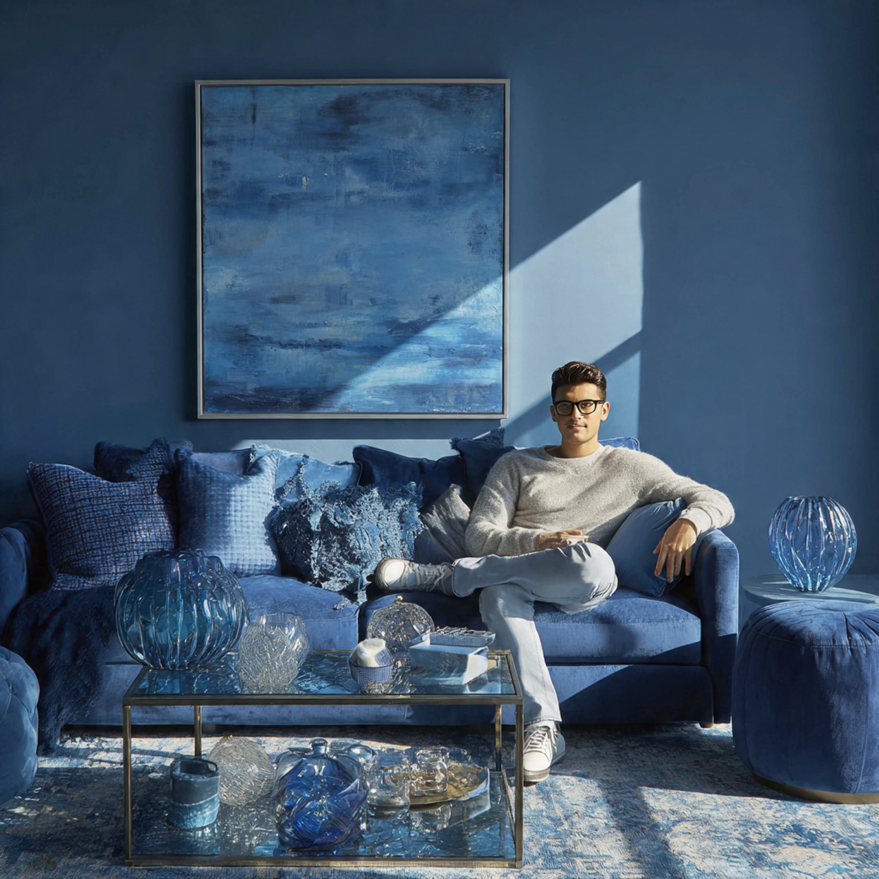 modern monochromatic living room using blue living