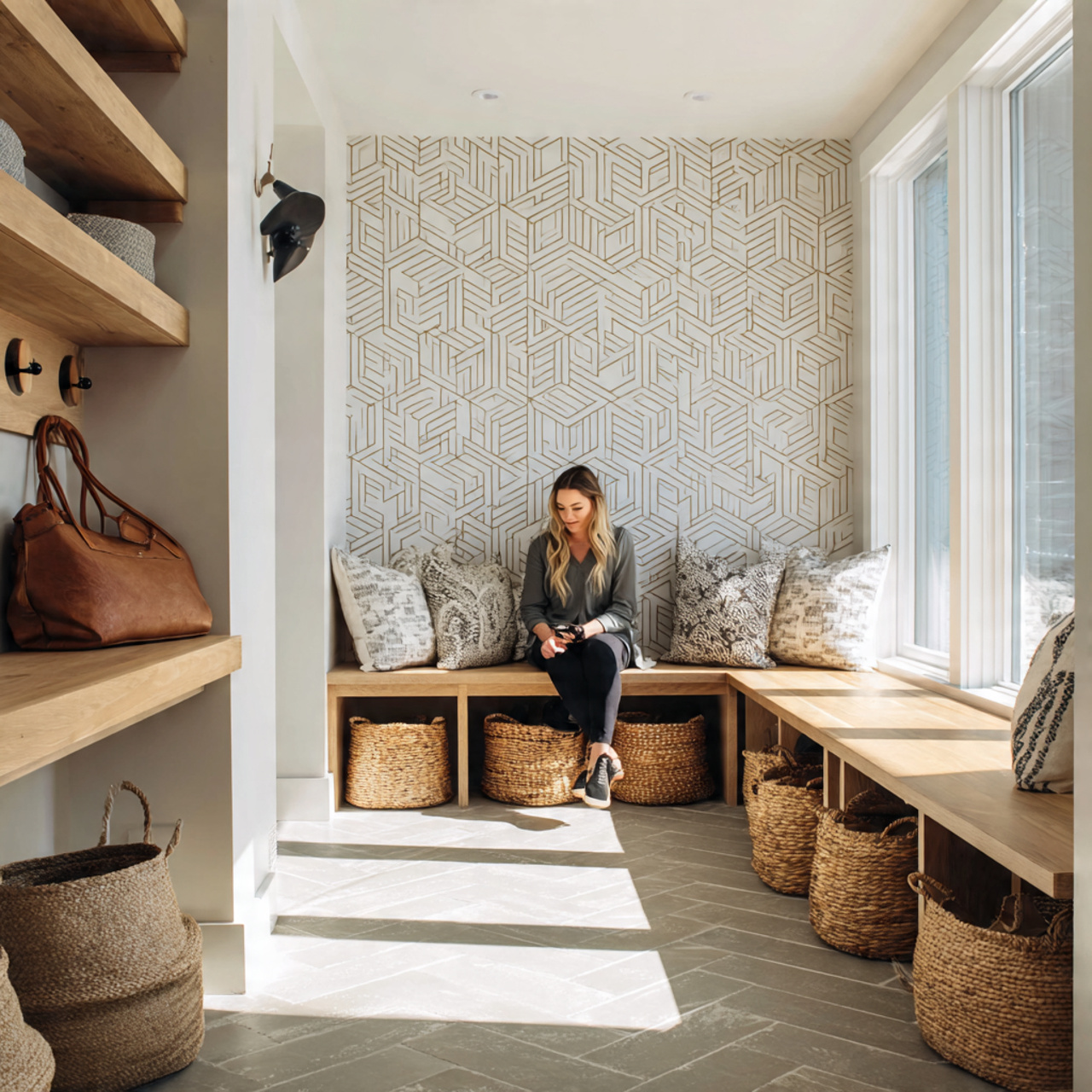 modern mudroom with bold geometric wallpaper accent