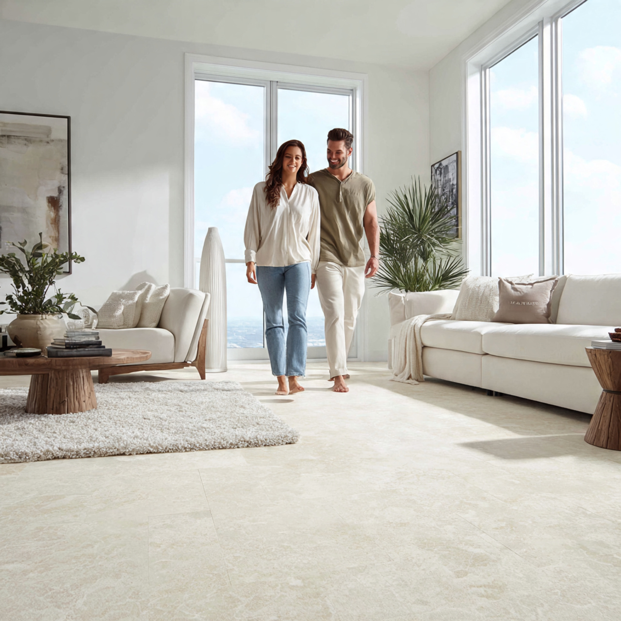 modern white living room featuring light stone