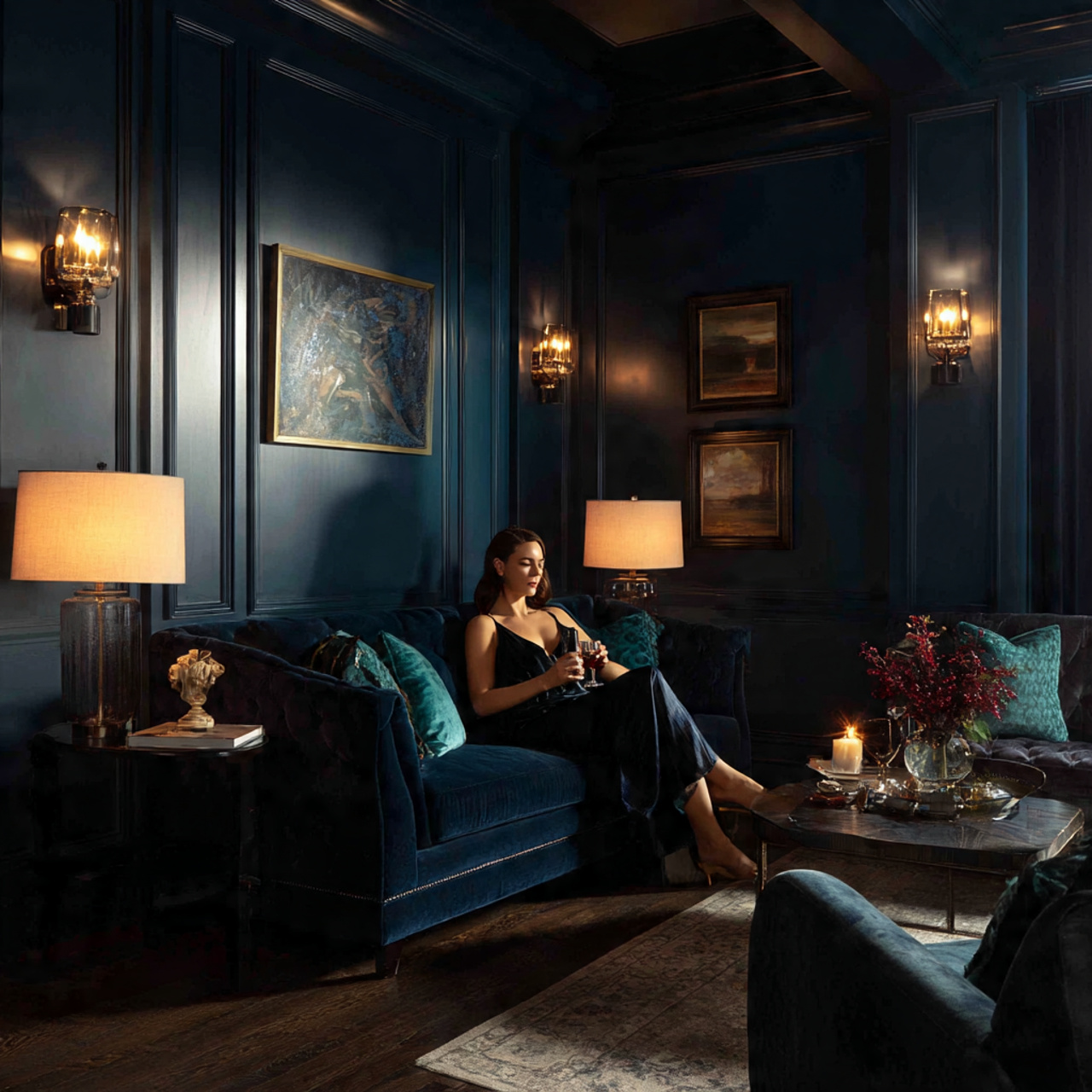 moody living room with blue living room