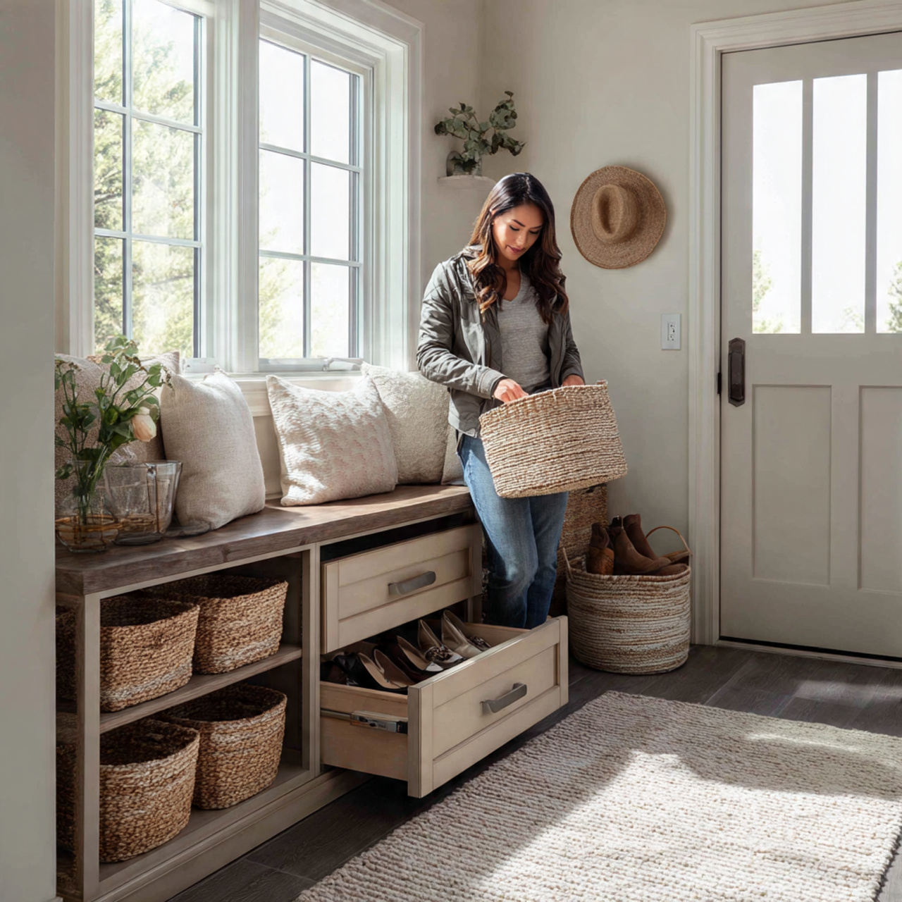 organized mudroom featuring pull out hidden shoe storage