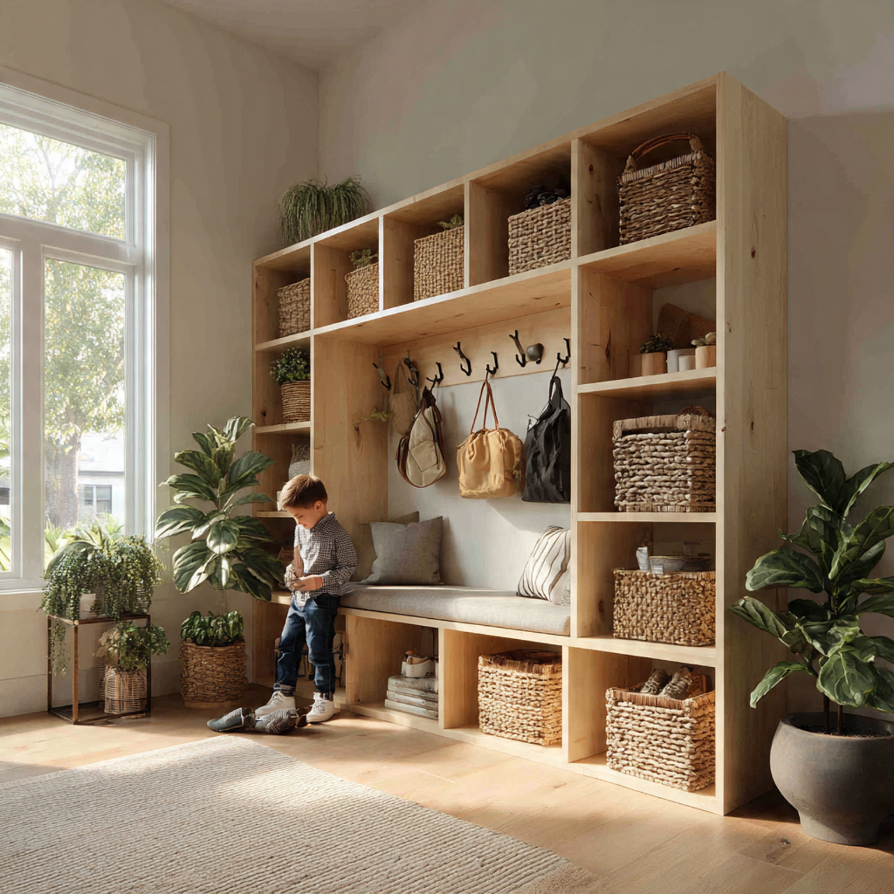 organized mudroom with open cubby shelving in