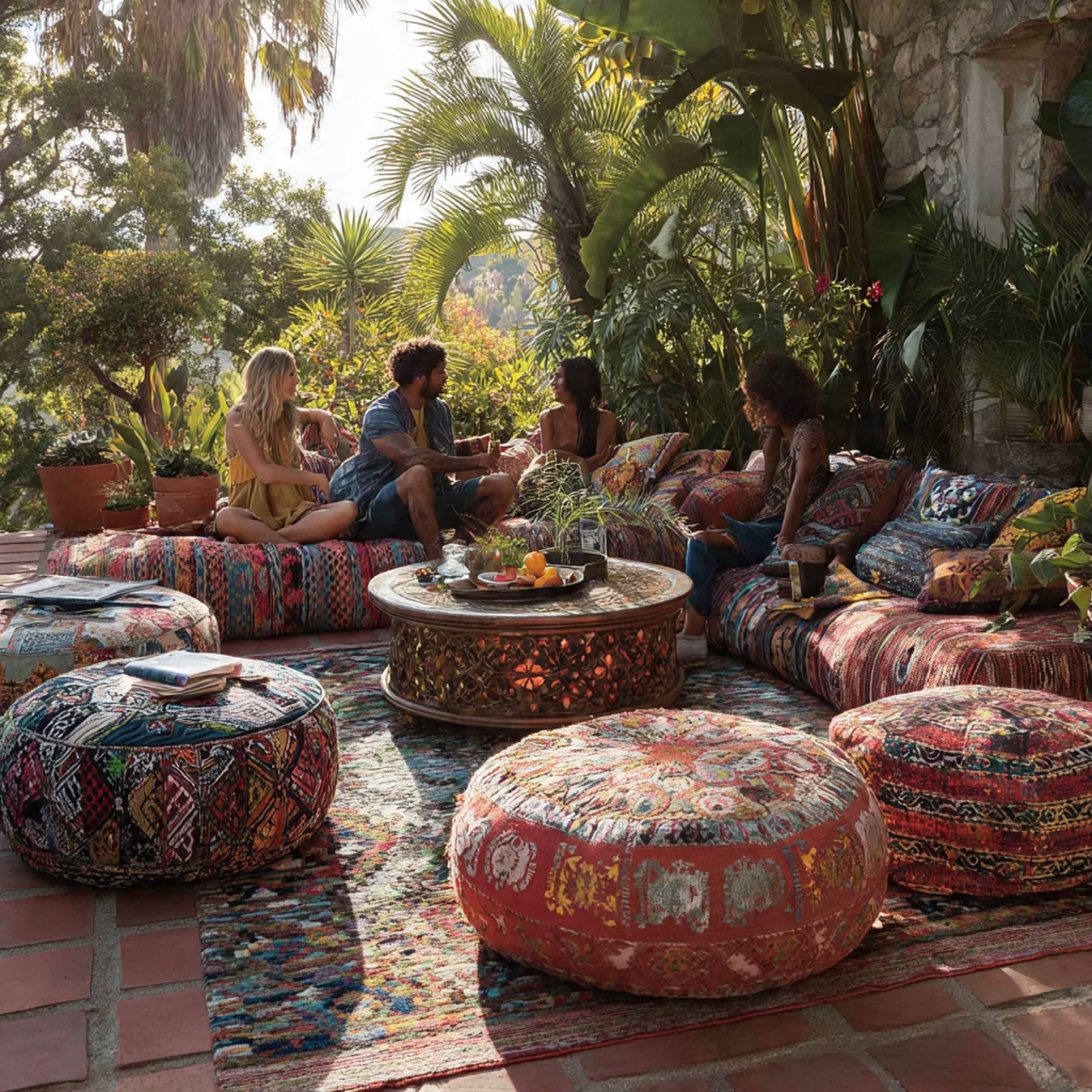 outdoor patio with colorful moroccan poufs scattered