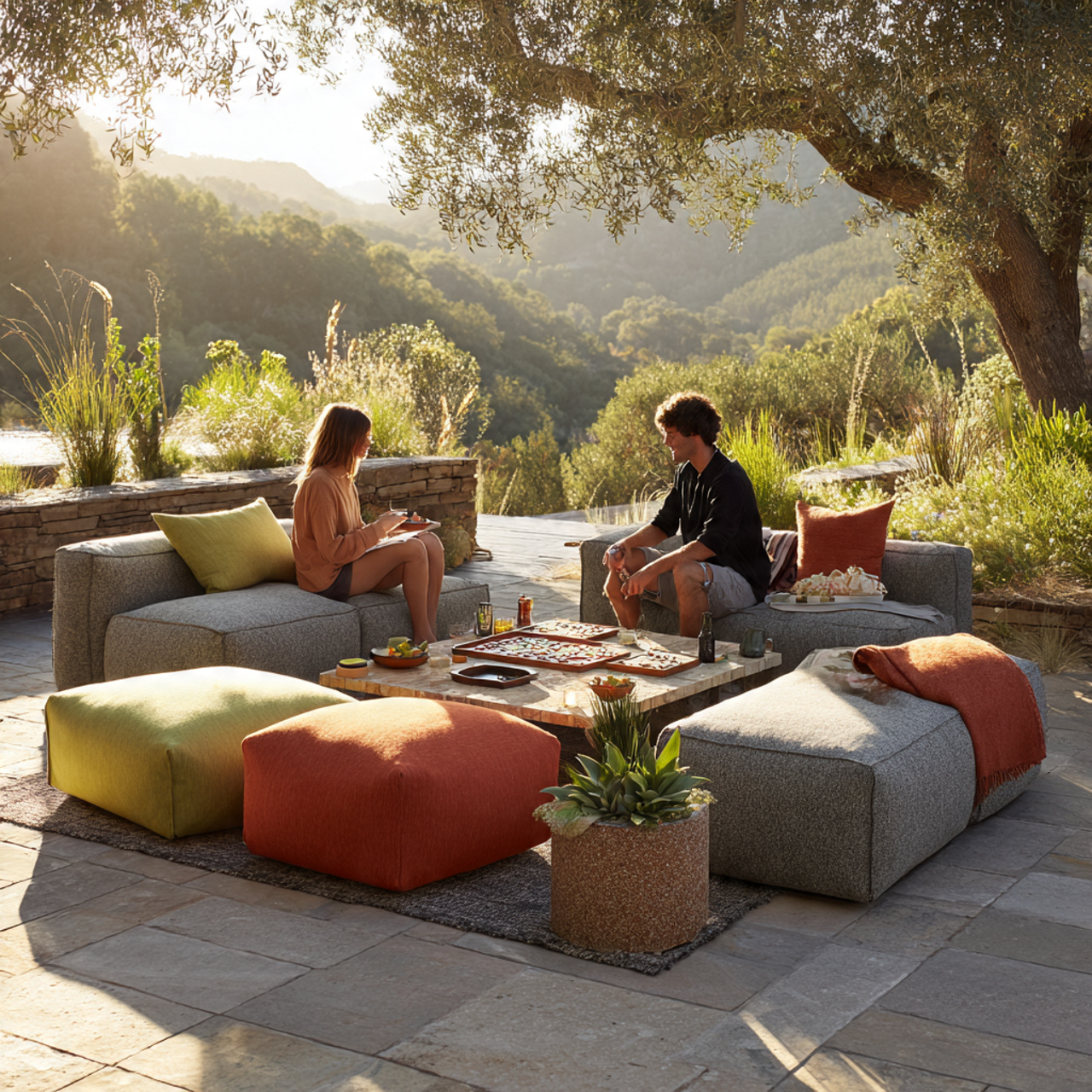 outdoor patio with modular ottomans arranged as