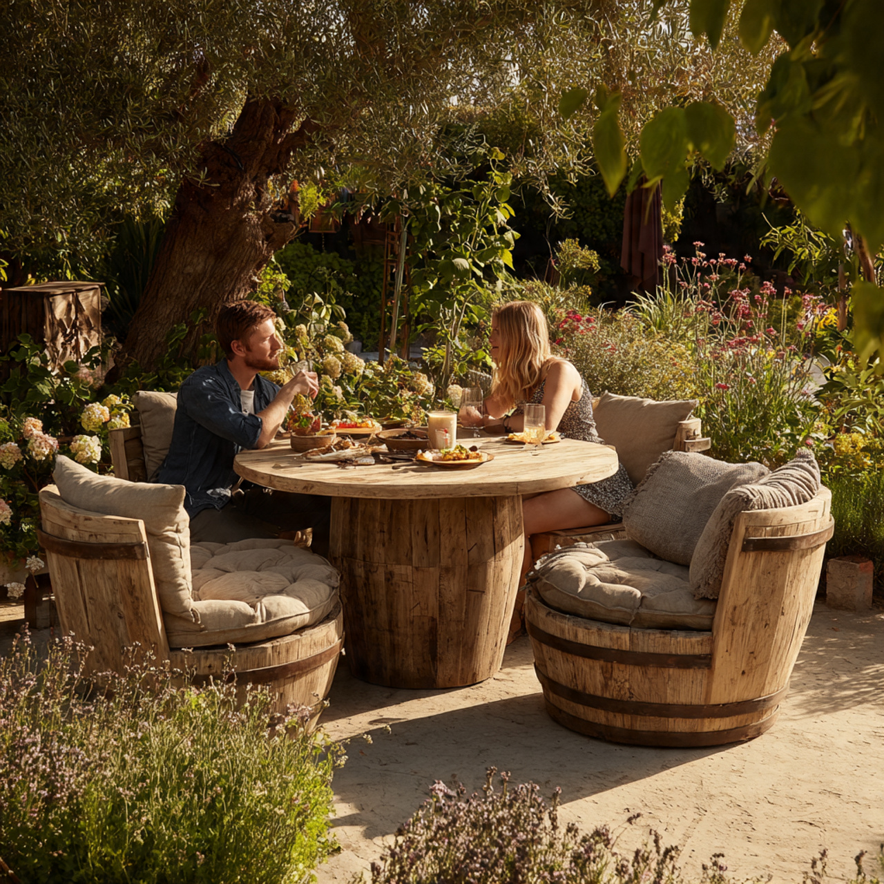 outdoor scene featuring rustic barrel chairs with