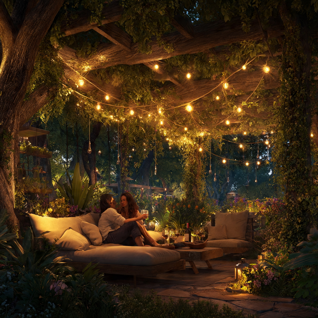 outdoor seating area under a dense canopy