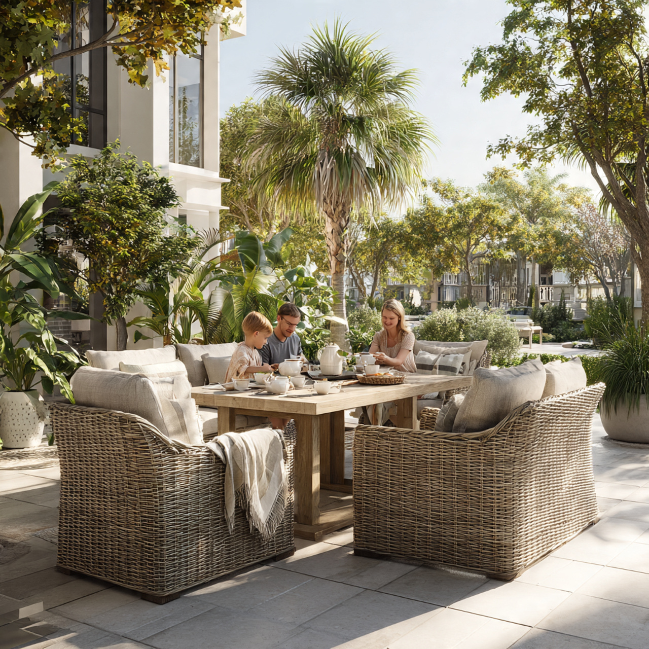 outdoor seating with deep woven rattan chairs