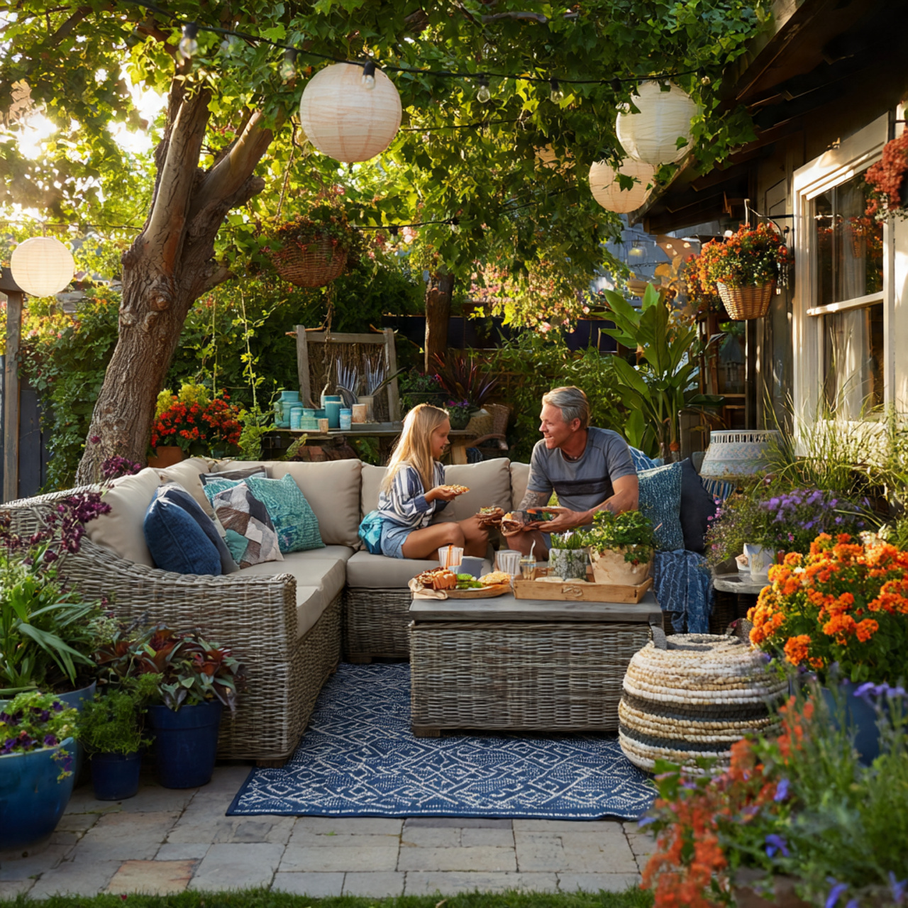 outdoor sofa and chairs layered with all weather