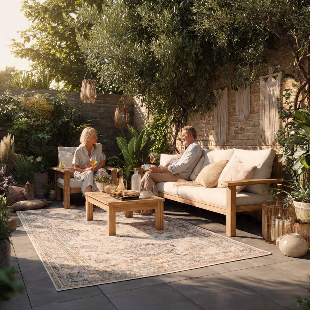 patio seating area with layered outdoor rugs