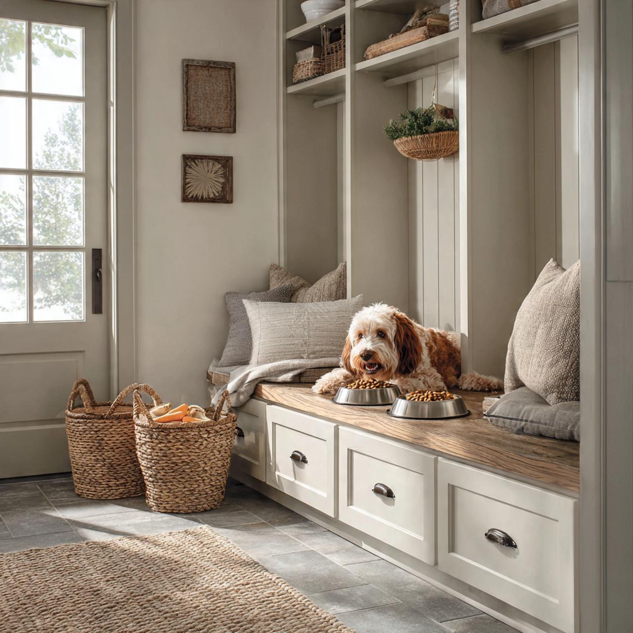 pet friendly mudroom with integrated pet station pull out