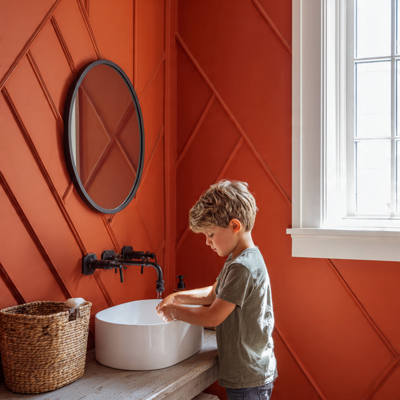 playful powder room with bold diagonal wood