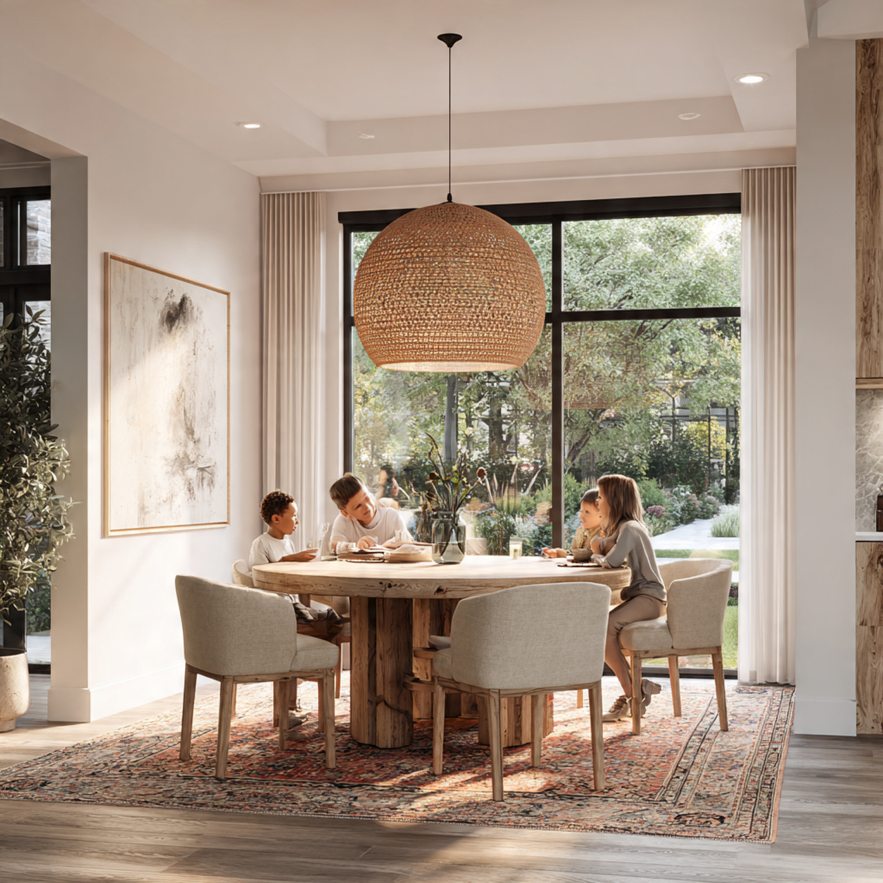 realistic dining room with a round wooden