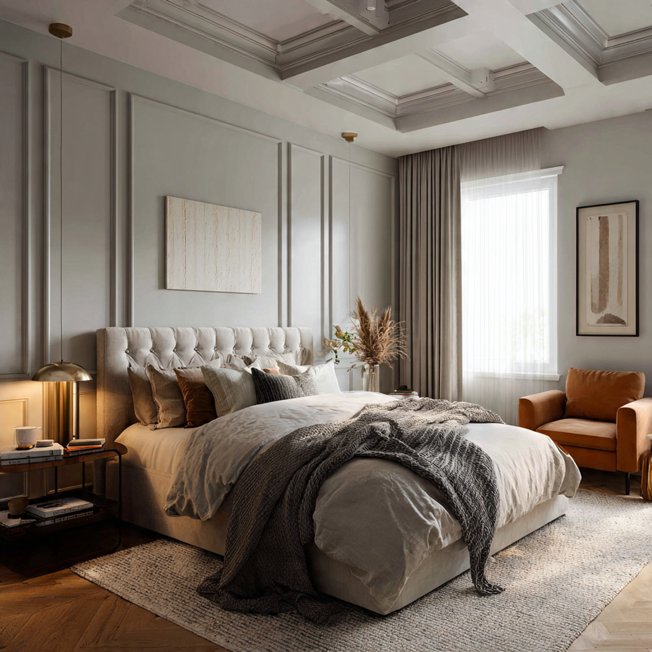 realistic full height bedroom featuring elegant wainscoting soft