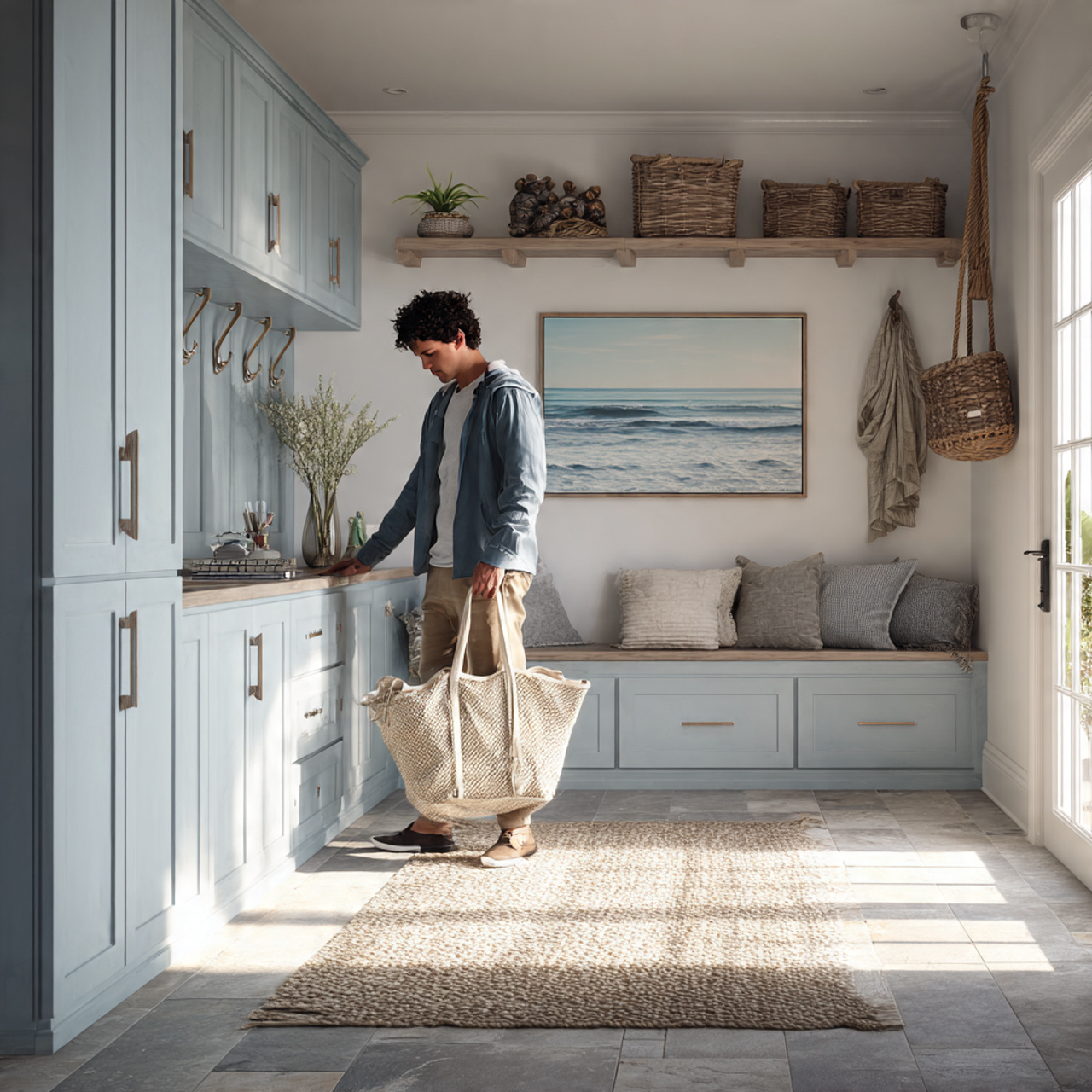 realistic image of a coastal style mudroom with