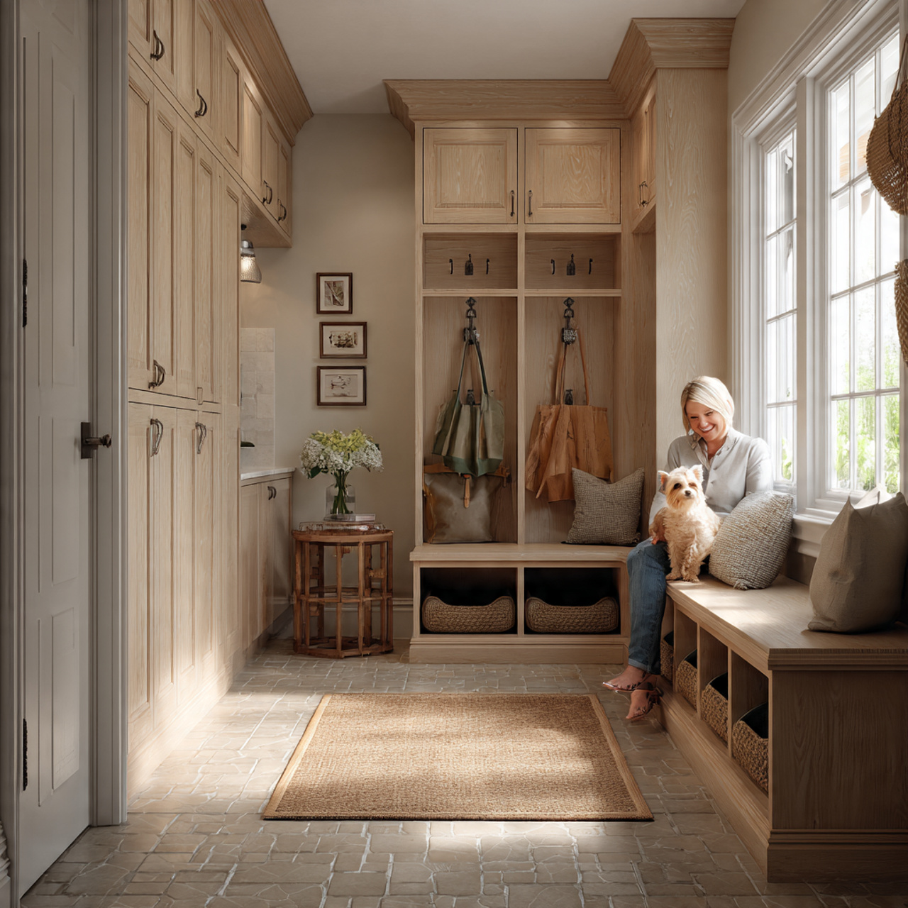 realistic image of a cozy pet friendly mudroom