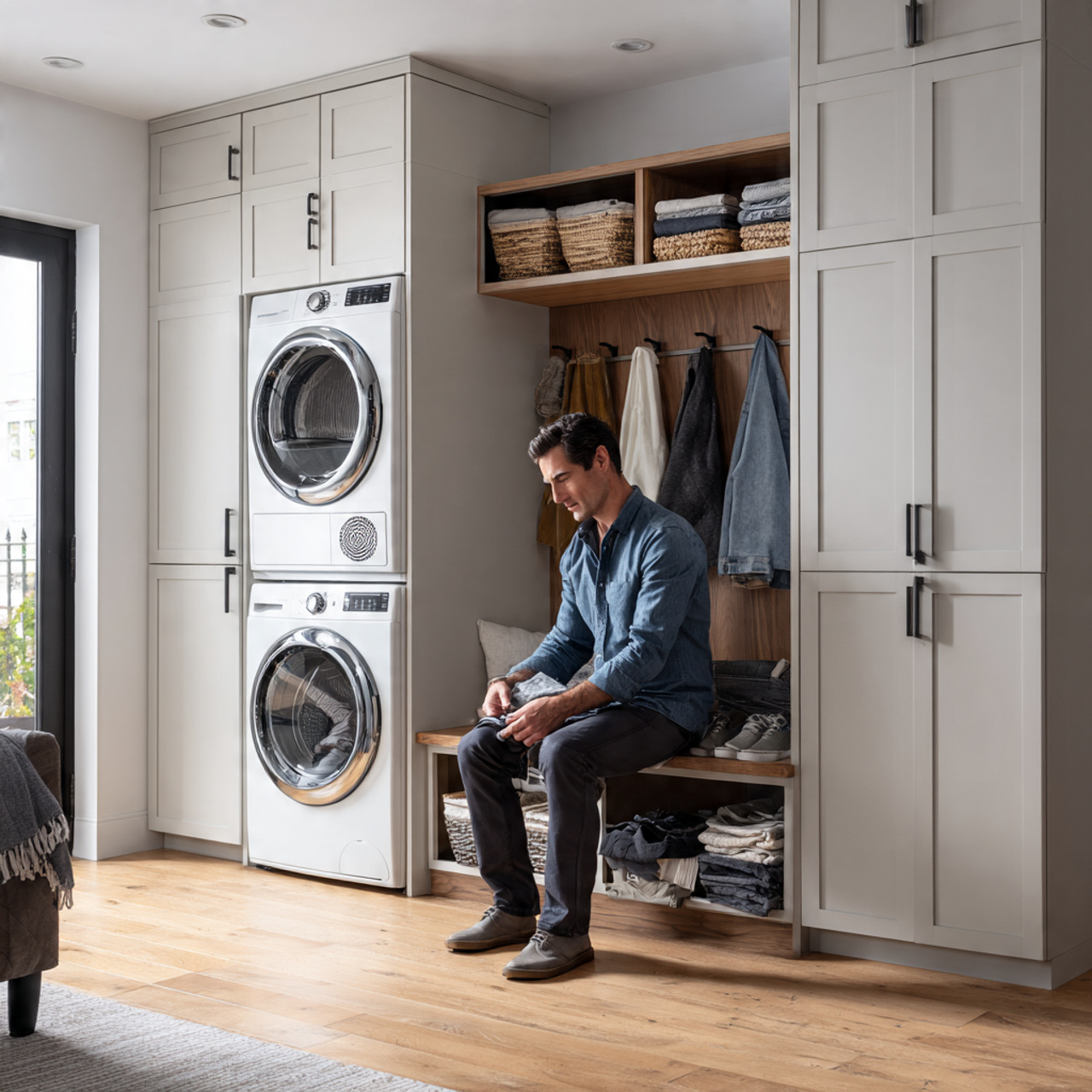 realistic image of a dual purpose mudroom with
