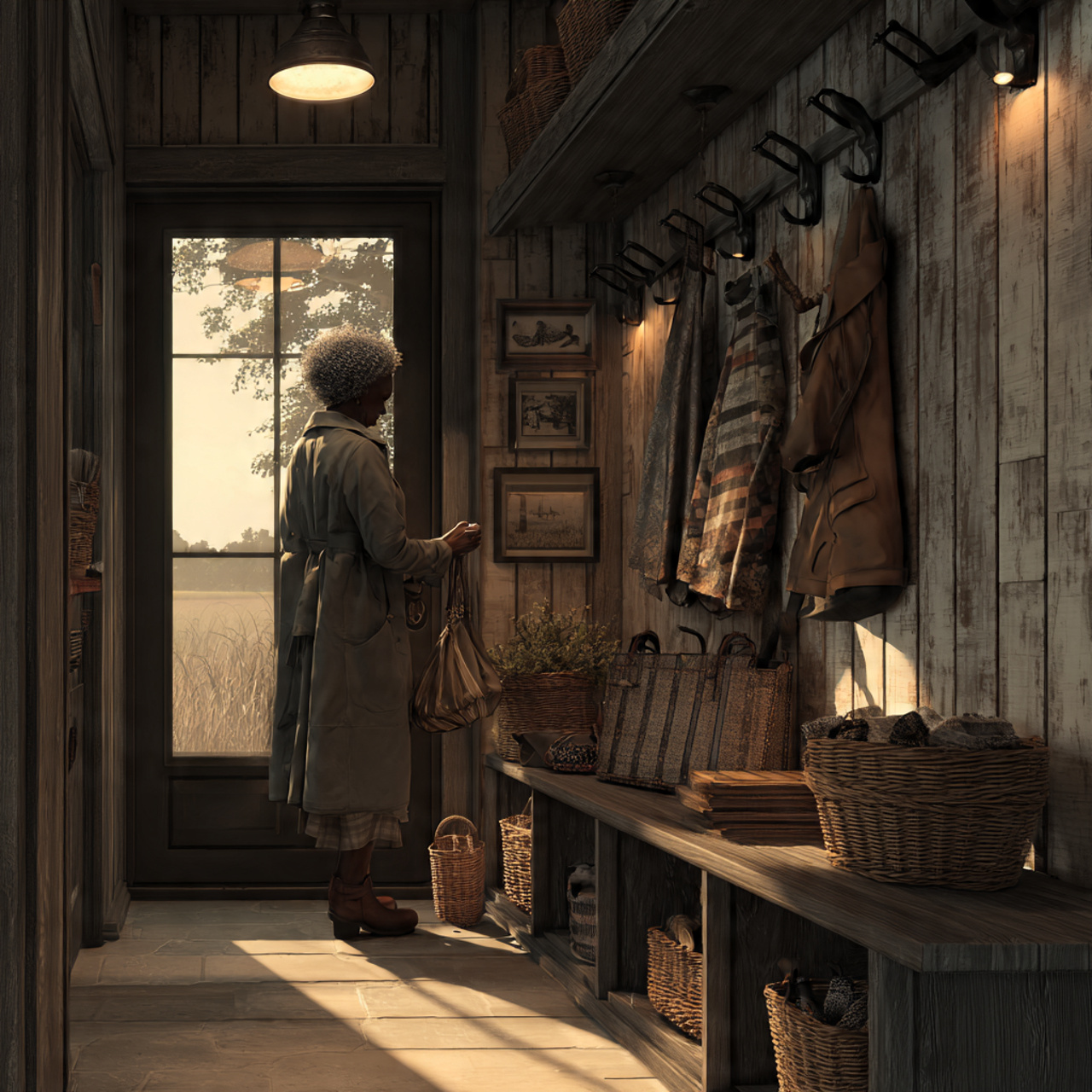 realistic image of a farmhouse inspired mudroom with