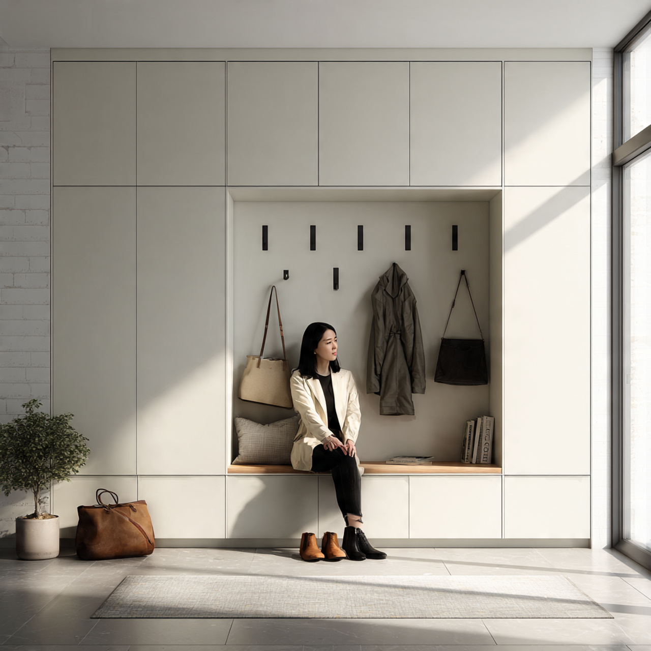 realistic image of a minimalist mudroom featuring