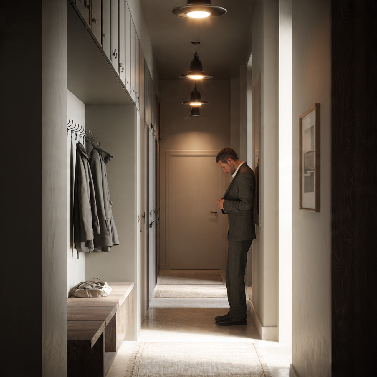 realistic image of a narrow hallway mudroom