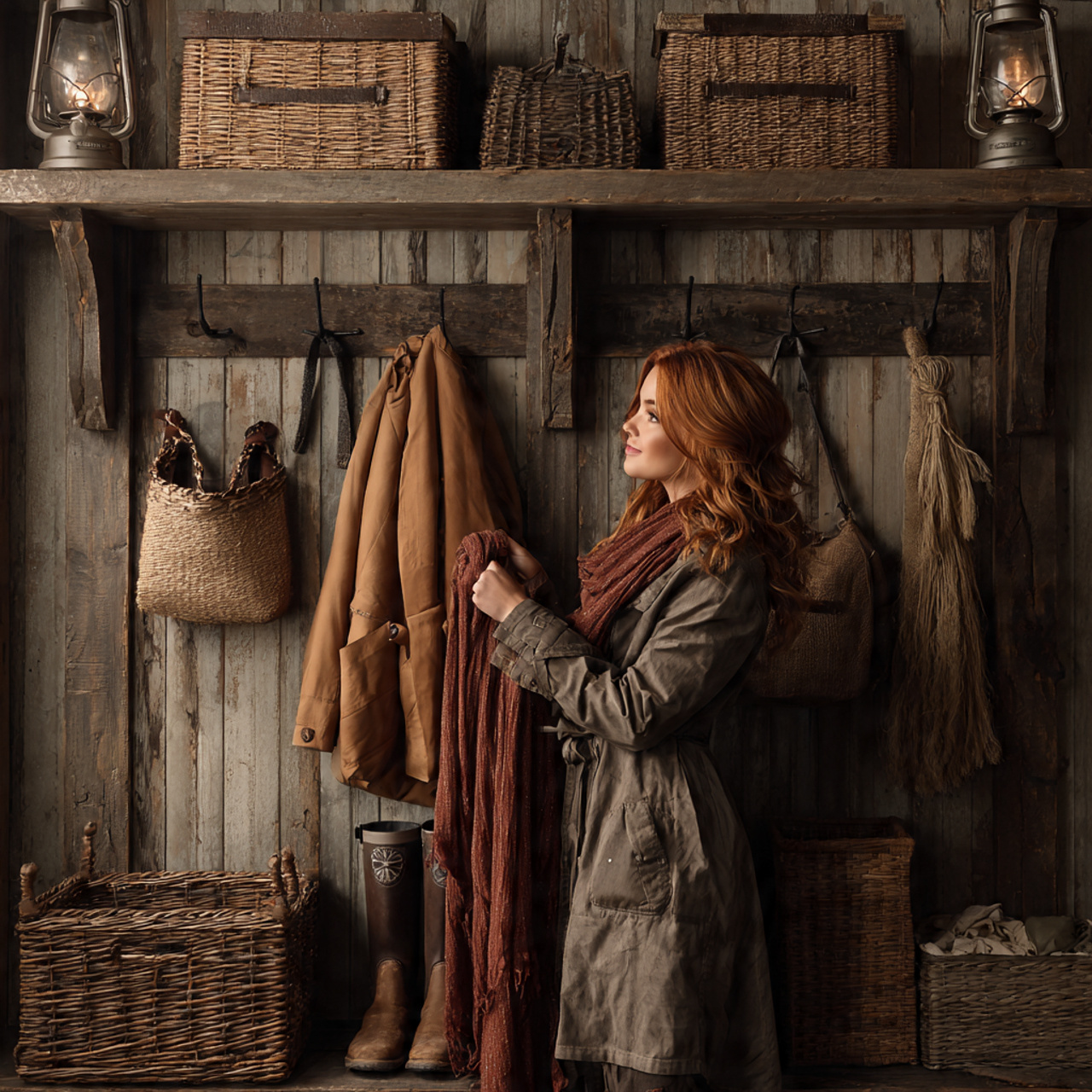 realistic image of a rustic mudroom made