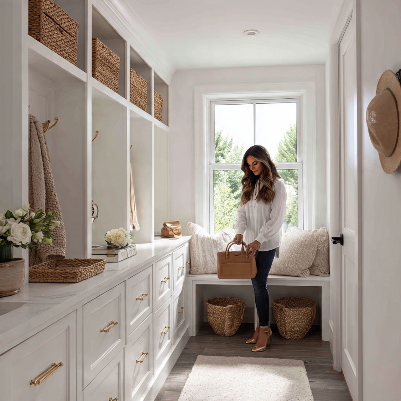 realistic image of an all white mudroom with