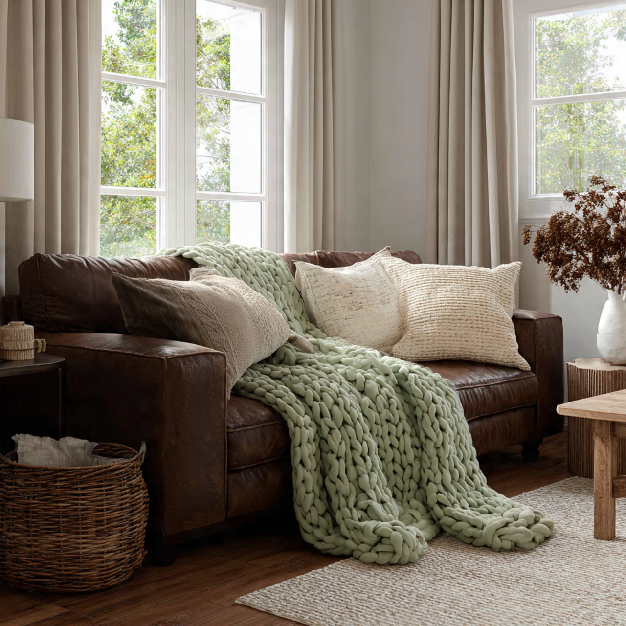 realistic living room with a rich brown