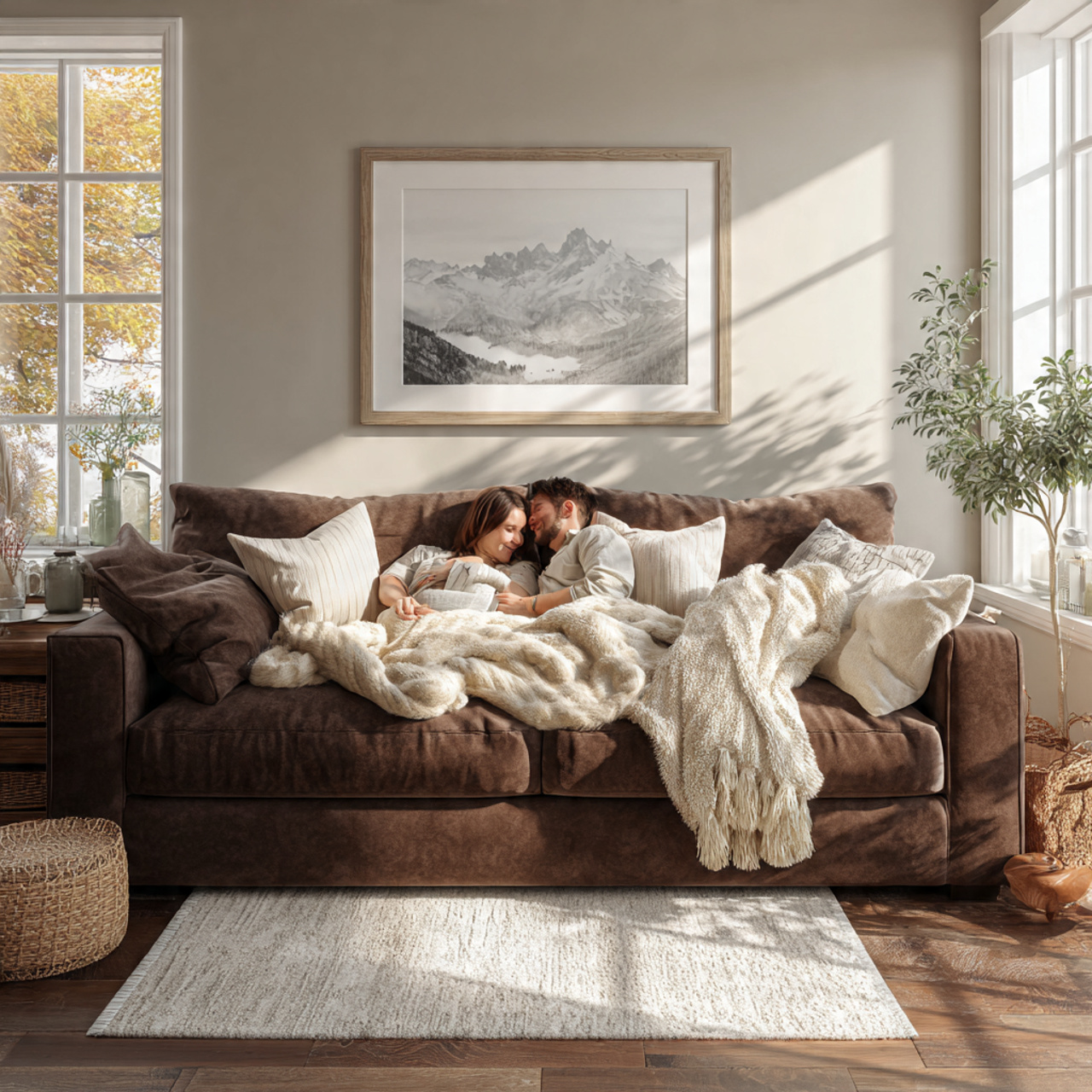 realistic living room with brown couch adorned 1