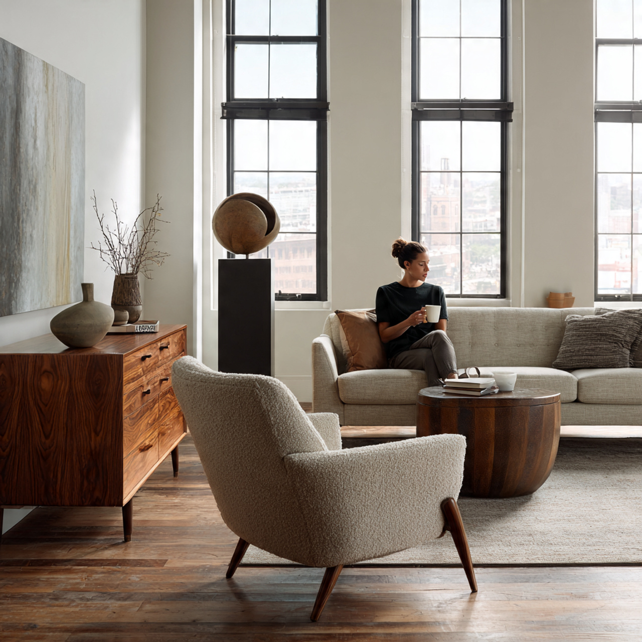 realistic modern living room blending mid century and