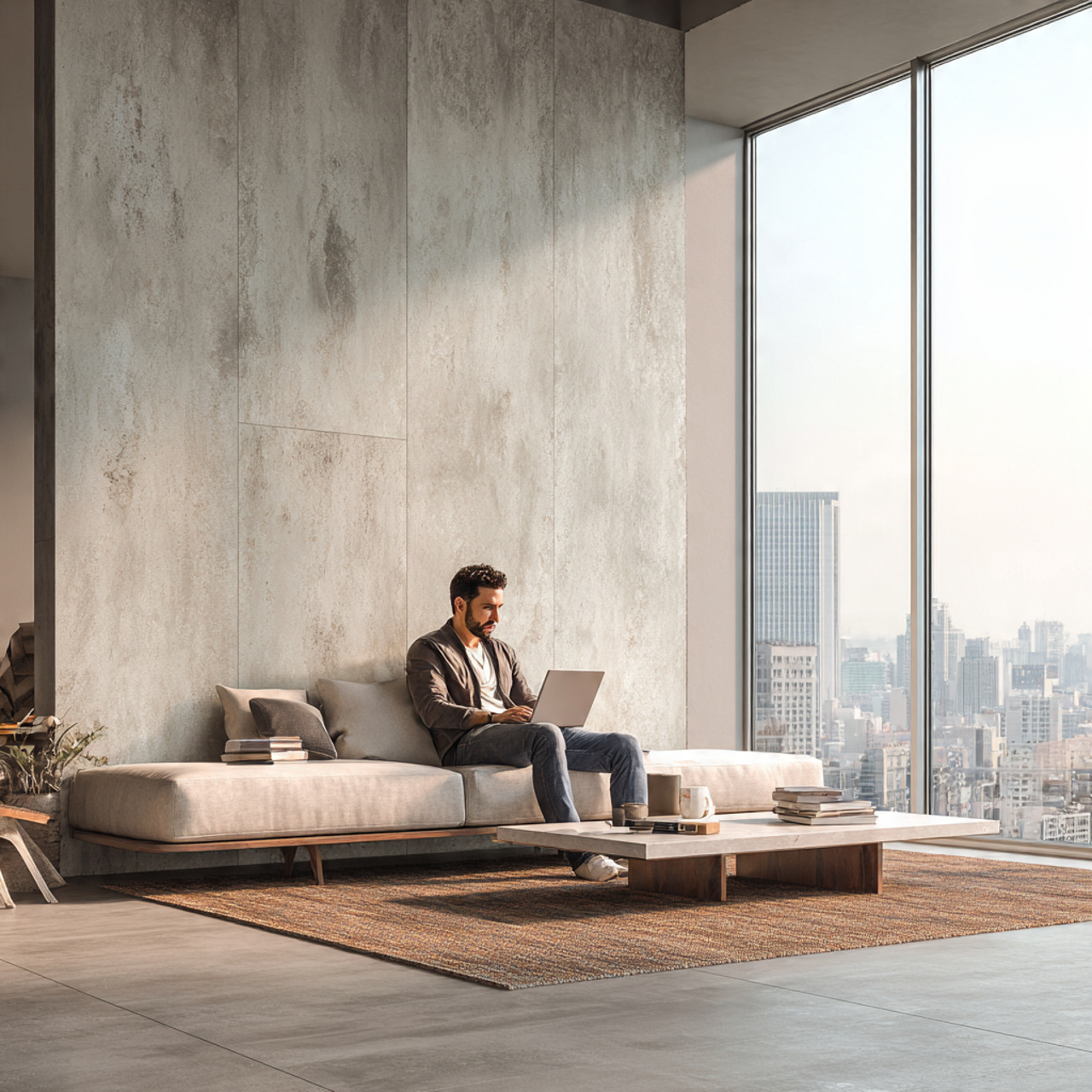 realistic modern living room featuring a concrete effect