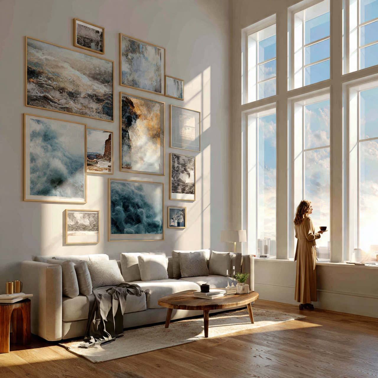 realistic modern living room featuring a large 1