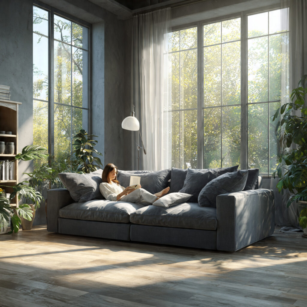 realistic modern living room featuring a stylish