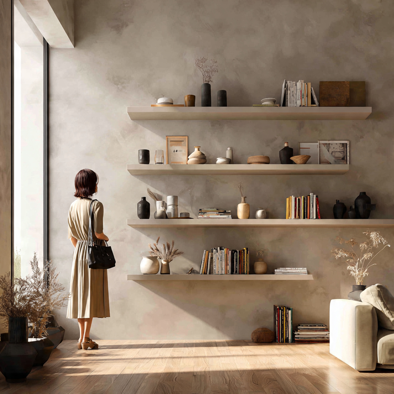 realistic modern living room featuring floating shelves