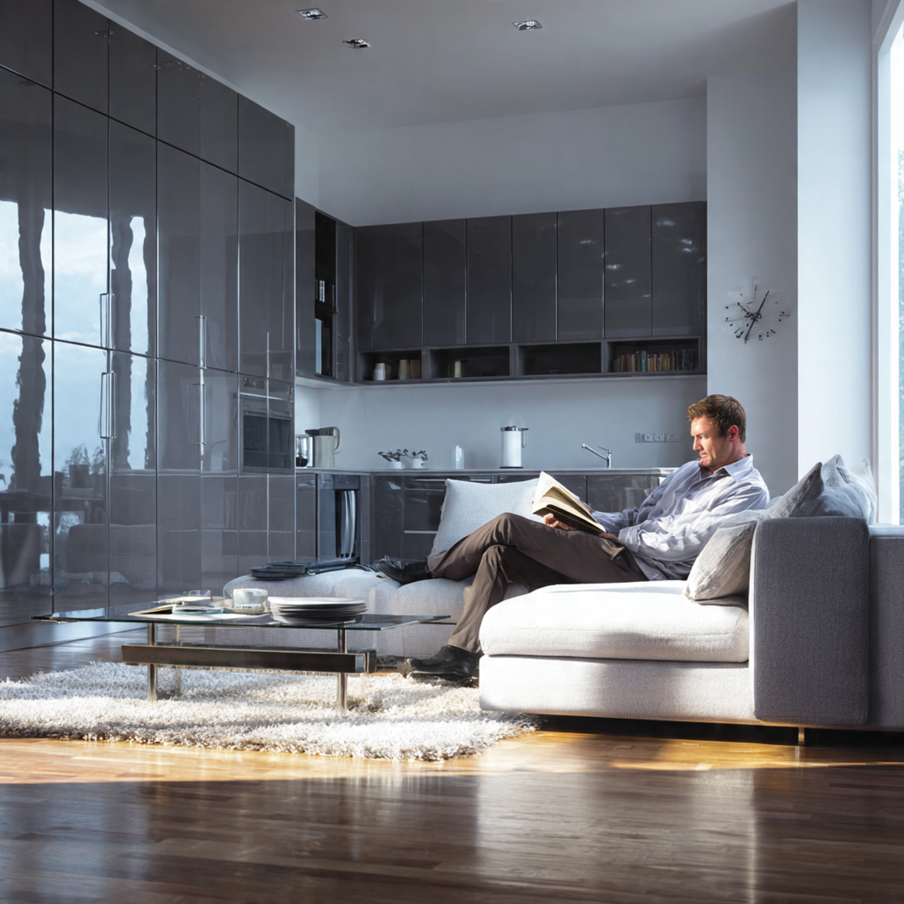 realistic modern living room featuring high gloss reflective