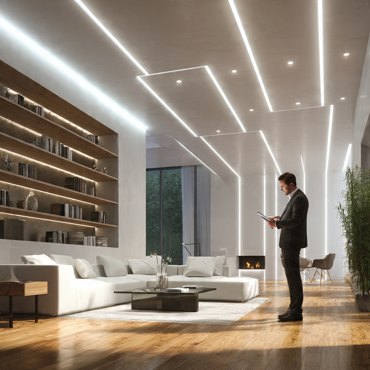 realistic modern living room featuring integrated led