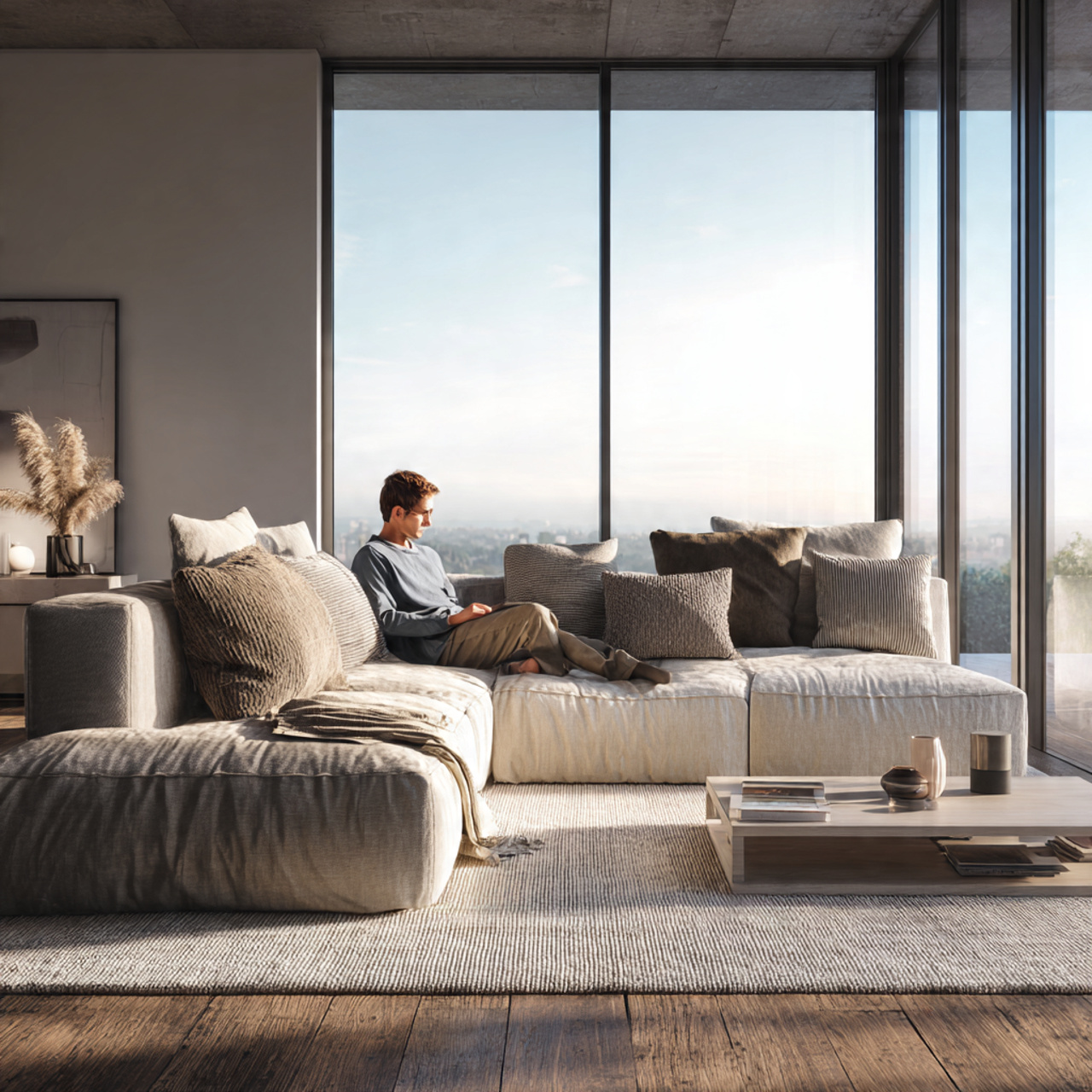 realistic modern living room featuring oversized throw 1