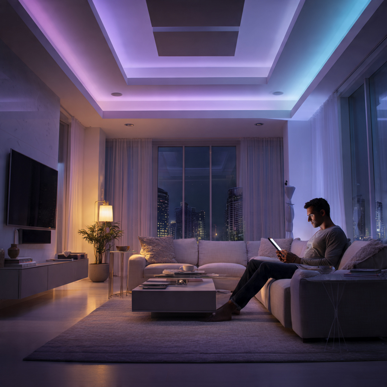 realistic modern living room featuring smart home