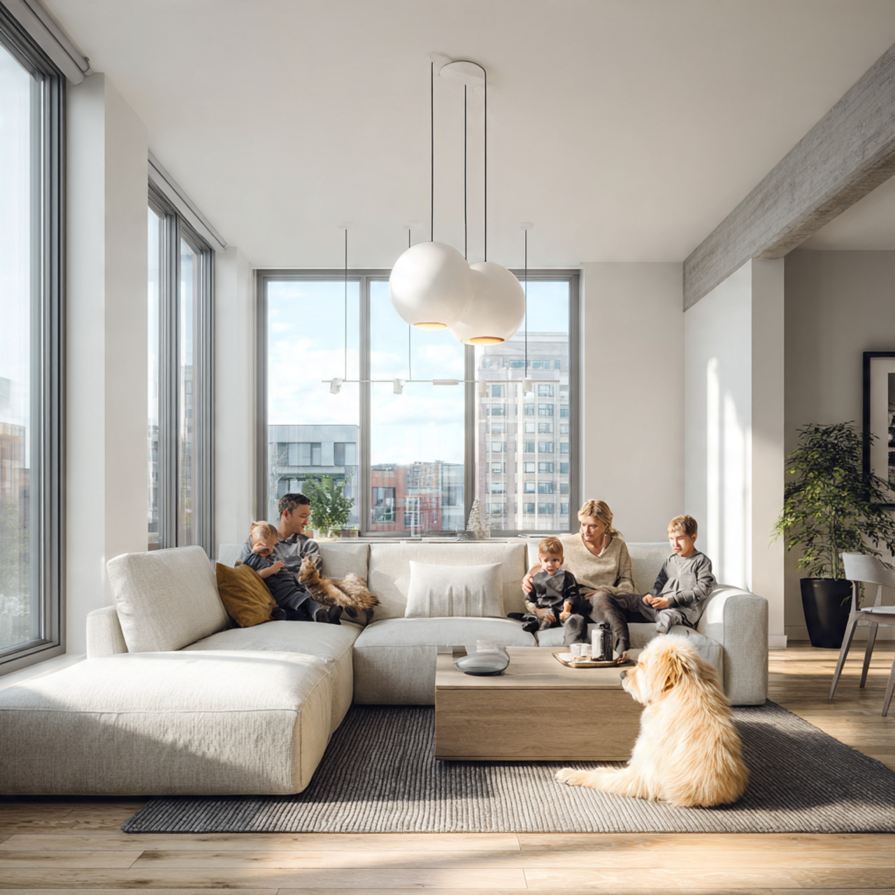 realistic modern living room in an open concept